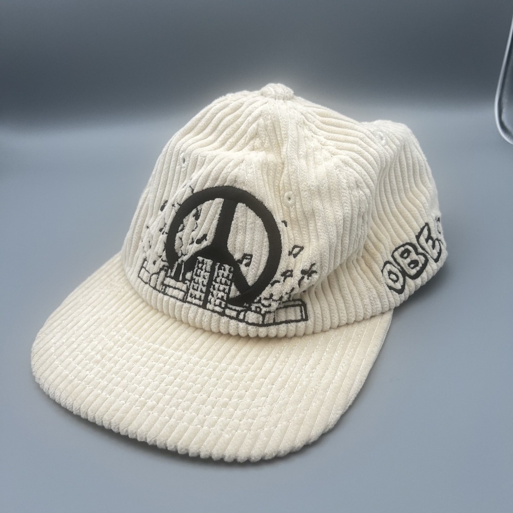 Obey Corduroy Snapback Hat Cream Peace Sign City Graphic Mens Streetwear Cap